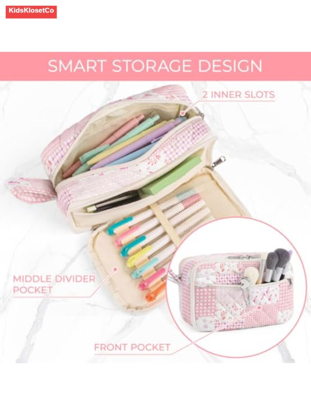 Quilted Pencil Pouch with Compartments Large Cute Aesthetic Organizer - Picture 3 of 5
